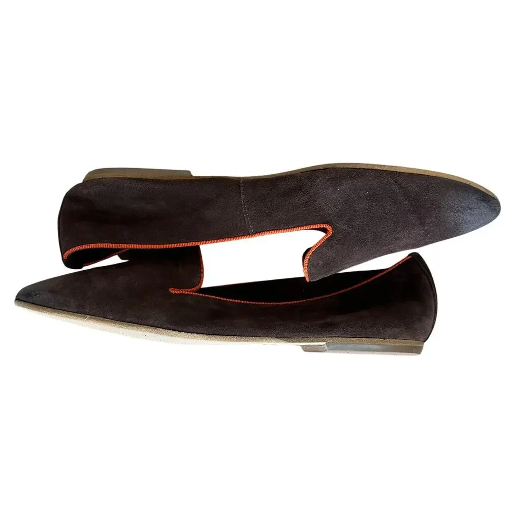 Sundance Brown Smoking Flats Shoes Size 39 8.5  Suede Leather Orange Trim Preppy